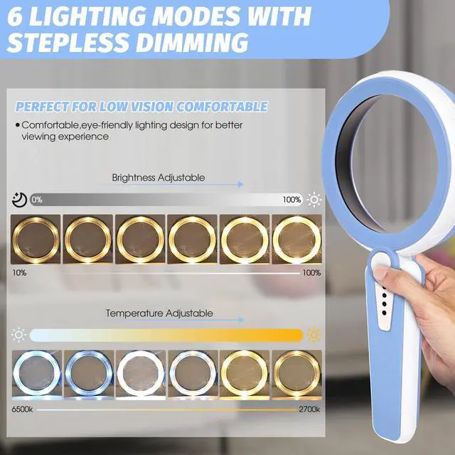 Alt view image 3 of 7 - 45X Magnifying Glass with Light, Rechargeable LED Magnifier, 6 Color Modes, 4.6" Large Lens, Handheld for Seniors Reading, Coins, Jewelry, Crafts
