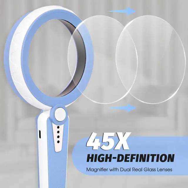 Alt view image 6 of 7 - 45X Magnifying Glass with Light, Rechargeable LED Magnifier, 6 Color Modes, 4.6" Large Lens, Handheld for Seniors Reading, Coins, Jewelry, Crafts