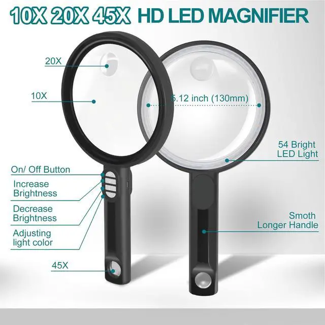 Alt view image 2 of 7 - Large Magnifying Glass with 54 LED Light, 10X/20X/45X Handheld Magnifier