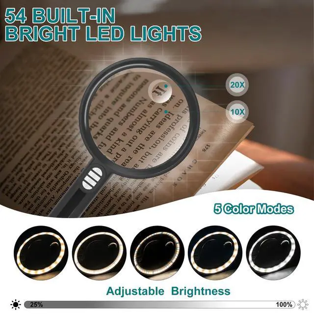 Alt view image 3 of 7 - Large Magnifying Glass with 54 LED Light, 10X/20X/45X Handheld Magnifier