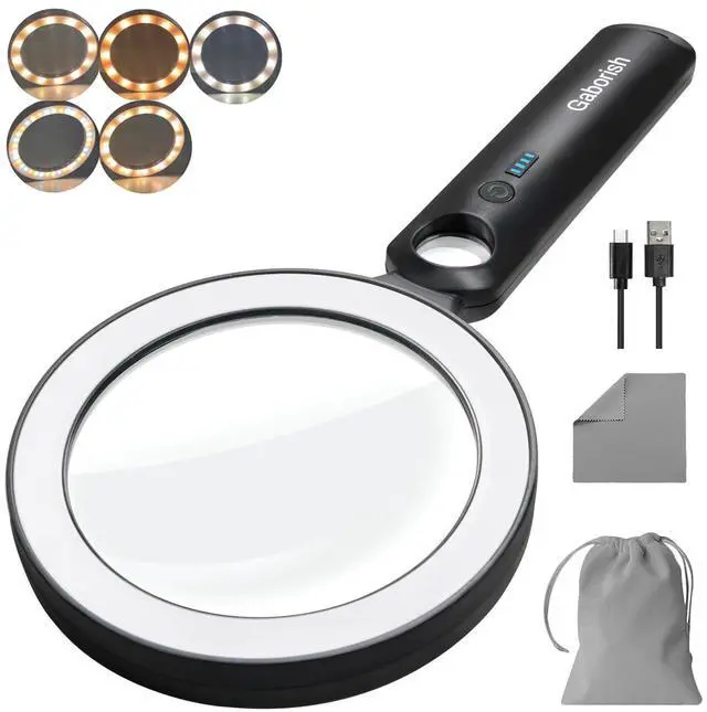 Main image of Glass Magnifying Glass with Light Handheld 10X 30X Magnifier with 36 LEDs, 5 Color Modes Rechargeable Lighted Magnifiers, Gift for Senior Reading, Coin, Stamps, Inspection (White & Black)