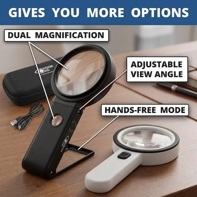 Alt view image 3 of 7 - 30X 10X Hands-Free Magnifying Glass with Stand, USB Rechargeable LED Light, Storage Case | Handheld Magnifier for Reading