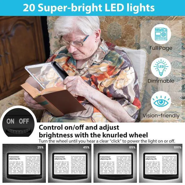 Alt view image 2 of 7 - Rechargeable 5X Magnifying Glass for Reading, Large Bright Full Page Magnifier with Light, Handheld LED Dimmable Lighted, Lightweight Book Magnifier for Reading Small Prints Seniors Low Vision