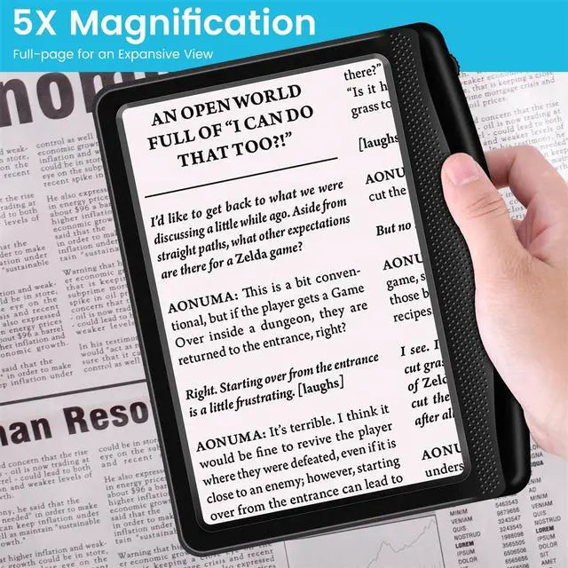 Alt view image 3 of 7 - Rechargeable 5X Magnifying Glass for Reading, Large Bright Full Page Magnifier with Light, Handheld LED Dimmable Lighted, Lightweight Book Magnifier for Reading Small Prints Seniors Low Vision