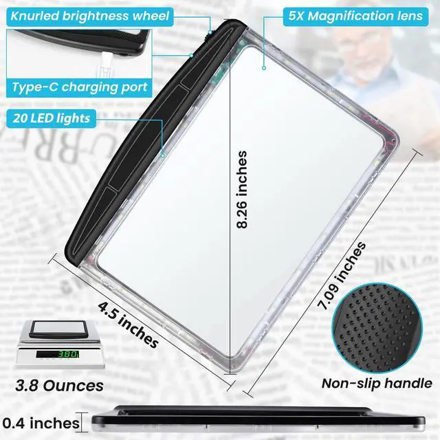 Alt view image 6 of 7 - Rechargeable 5X Magnifying Glass for Reading, Large Bright Full Page Magnifier with Light, Handheld LED Dimmable Lighted, Lightweight Book Magnifier for Reading Small Prints Seniors Low Vision