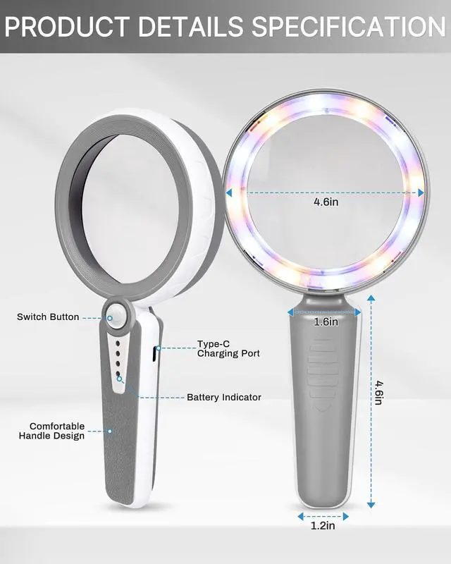 Alt view image 5 of 7 - 45X Magnifying Glass with Light, 4.6" Rechargeable Handheld Magnifier