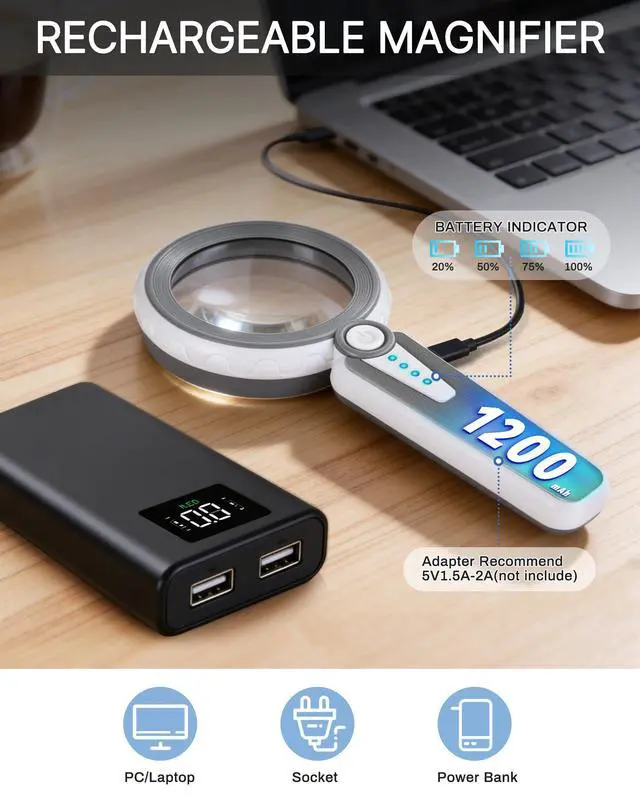 Alt view image 3 of 7 - 45X Magnifying Glass with Light, 4.6" Rechargeable Handheld Magnifier
