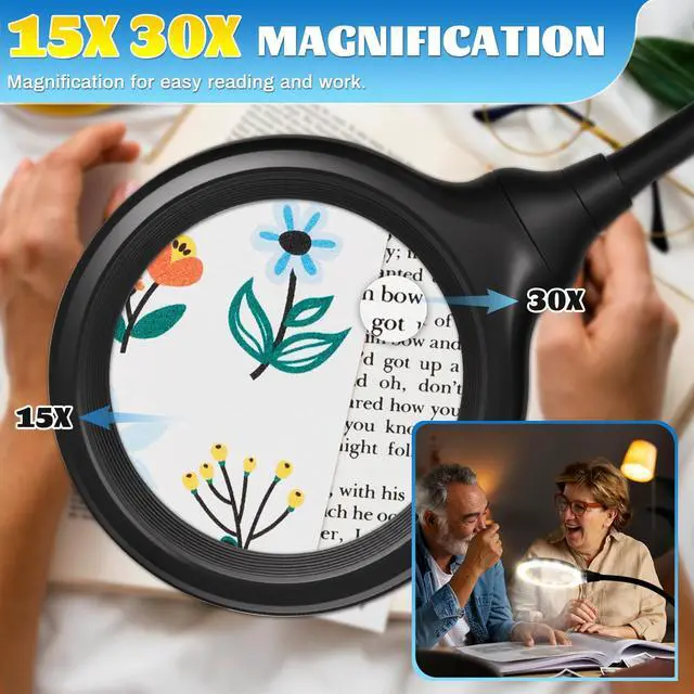 Alt view image 2 of 6 - 15X 30X Rechargeable Magnifying Glass with Light and Stand, 6 Color Adjustable dimming, Handheld Magnifying Desk lamp with LED Light, Suitable for Reading, Drawing, handicrafts and Detailed Work