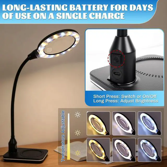 Alt view image 4 of 6 - 15X 30X Rechargeable Magnifying Glass with Light and Stand, 6 Color Adjustable dimming, Handheld Magnifying Desk lamp with LED Light, Suitable for Reading, Drawing, handicrafts and Detailed Work