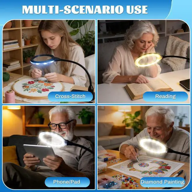 Alt view image 6 of 6 - 15X 30X Rechargeable Magnifying Glass with Light and Stand, 6 Color Adjustable dimming, Handheld Magnifying Desk lamp with LED Light, Suitable for Reading, Drawing, handicrafts and Detailed Work
