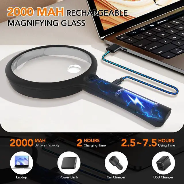 Alt view image 3 of 7 - Handheld Magnifying Glass with LED Light, Rechargeable Reading Magnifier