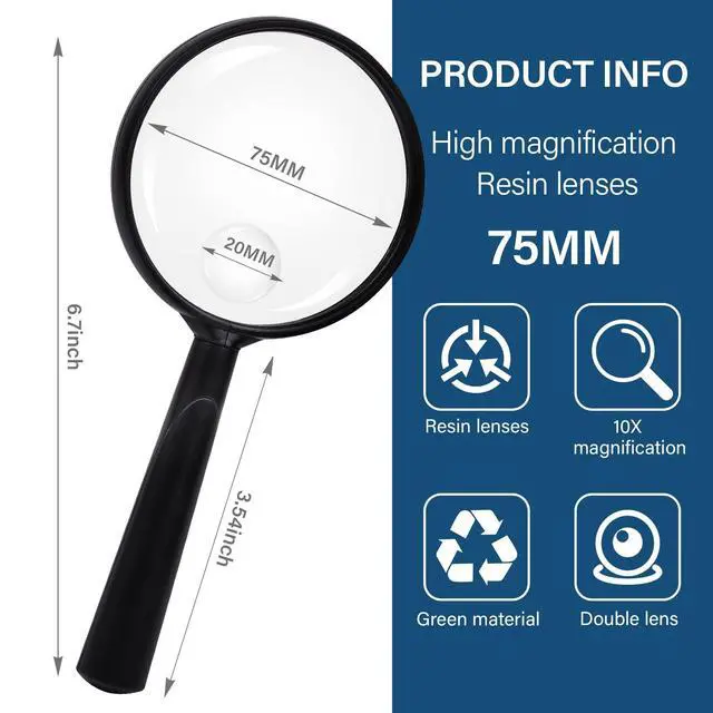 Alt view image 2 of 3 - Handheld Reading Magnifier, 10X Magnifier, 75mm Shatterproof Lens, Adults Close Work Non-Slip Handle for Seniors Reading and Nature Exploration(Black)