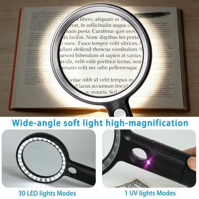 Alt view image 5 of 7 - Handheld Magnifying Glass with Light, 10X 30X Optical Glass Magnifying Glass with 31 LEDs Lighted, The Essential Magnifier for Seniors, Reading, Puzzle, Coins, Jewelry, Inspection & Close Work