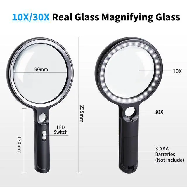Alt view image 2 of 7 - Handheld Magnifying Glass with Light, 10X 30X Optical Glass Magnifying Glass with 31 LEDs Lighted, The Essential Magnifier for Seniors, Reading, Puzzle, Coins, Jewelry, Inspection & Close Work