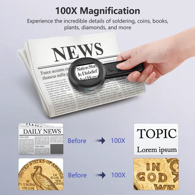 Alt view image 4 of 7 - 2inch Digital Magnifying Glass 100X Coin Magnifier with Lights