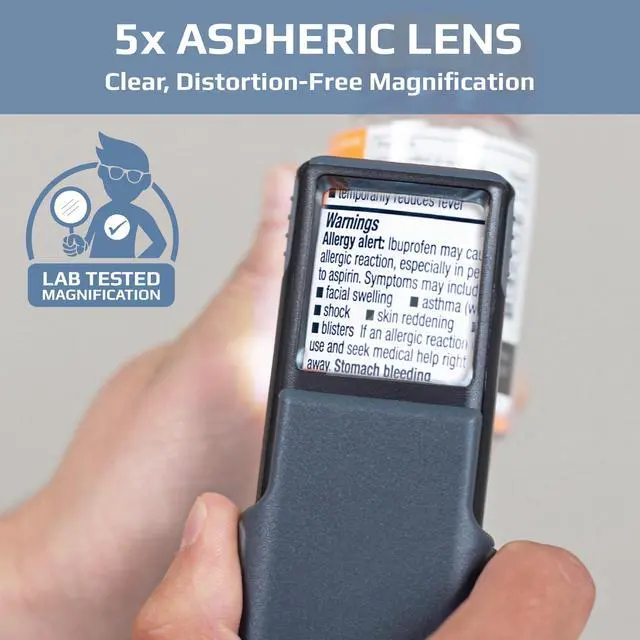 Alt view image 6 of 7 - MiniBrite LED Lighted Slide-Out Aspheric Magnifier with Protective Sleeve (PO-55), 5X, Gray