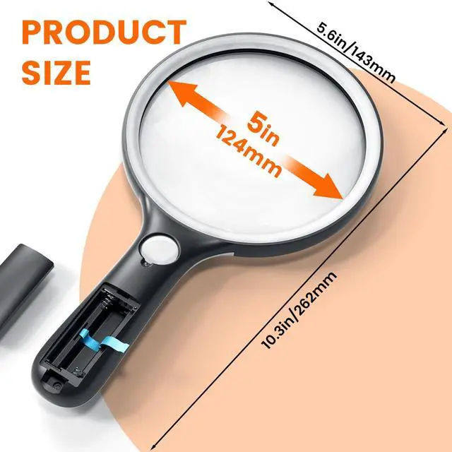 Alt view image 3 of 7 - Magnifying Glass with Light Large 5" Lens, Handheld Illuminated Lighted Magnifier 24LED 1UV Light for Seniors, Reading, Coins, Jewelry, Close Work