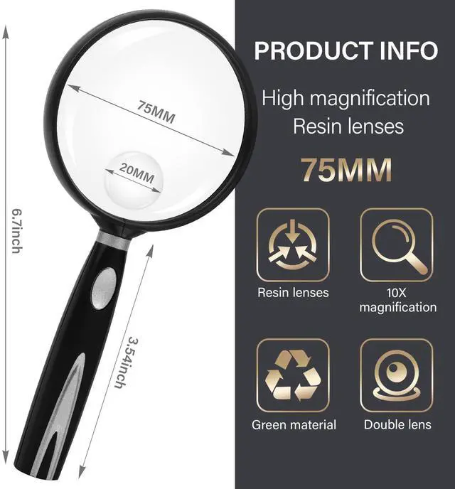 Alt view image 2 of 5 - Handheld Reading Magnifier, 10X Magnifier, 75mm Shatterproof Lens, Non-Slip Handle for Adults Close Work, Seniors Reading and Nature Exploration, Hobby Observation(Silver)