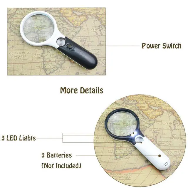 Alt view image 3 of 6 - 2 Pack Magnifier 3 LED Light, 3X 45X Handheld Magnifier Reading Magnifying Glass Lens Jewelry Loupe