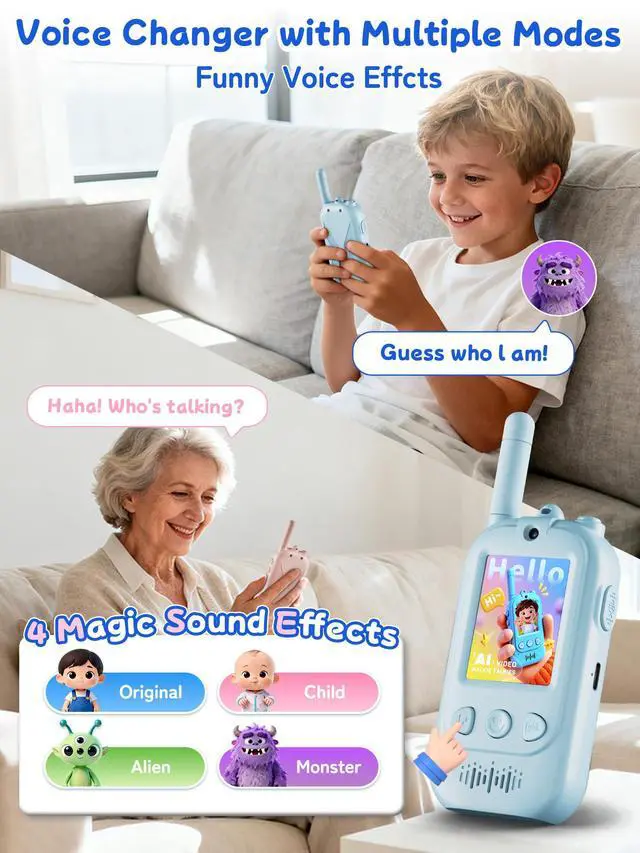 Alt view image 2 of 7 - Voice Changer Upgraded Kids Video Walkie Talkies, Gift Toy with Real-Time Video, No WiFi or App Required, 1600FT Long Range, Rechargeable Video Intercom Toy for Boys & Girls Ages 312 (Blue & Pink)