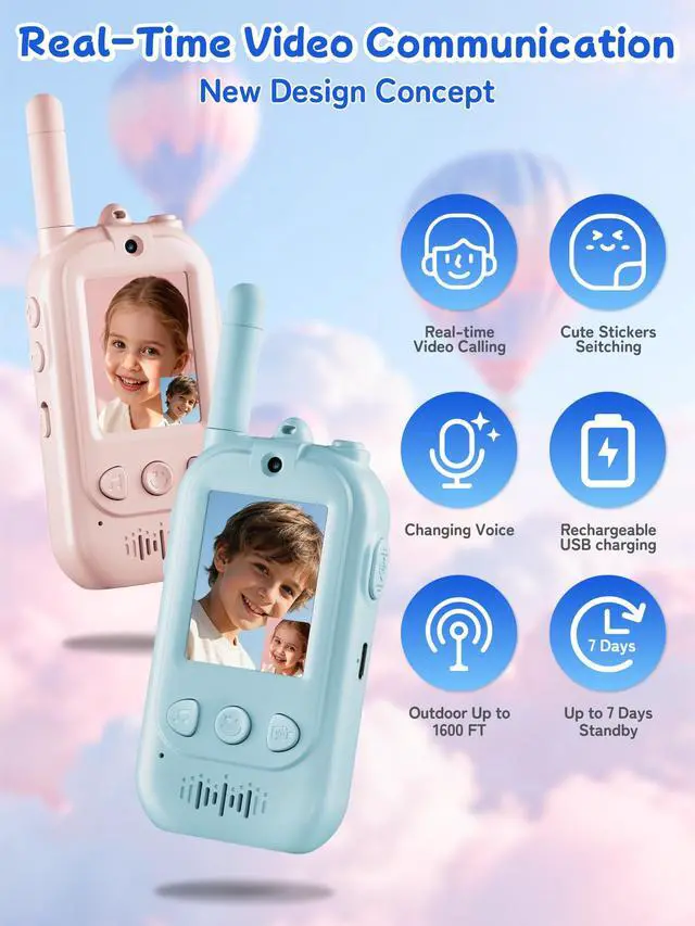 Alt view image 7 of 7 - Voice Changer Upgraded Kids Video Walkie Talkies, Gift Toy with Real-Time Video, No WiFi or App Required, 1600FT Long Range, Rechargeable Video Intercom Toy for Boys & Girls Ages 312 (Blue & Pink)