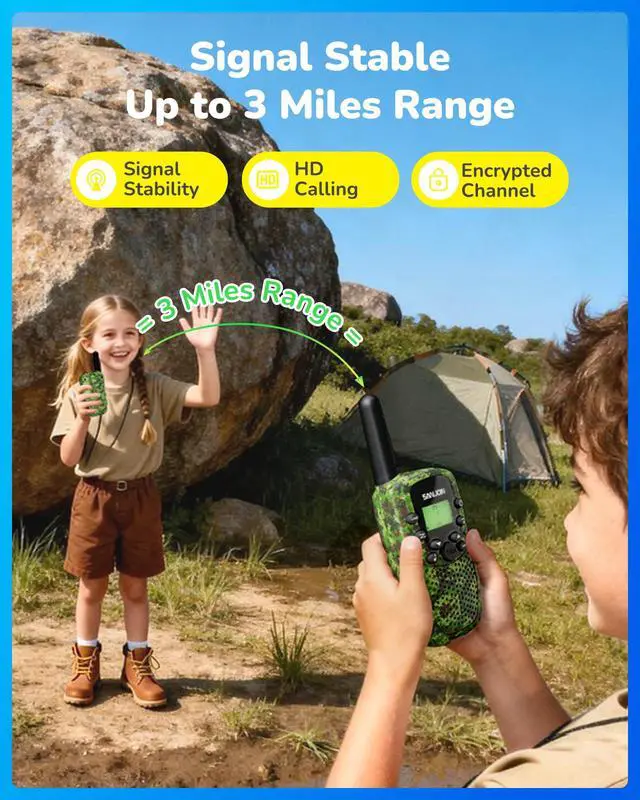 Alt view image 2 of 7 - Rechargeable Walkie Talkies 2 Pack for Kids, Toys for 3-12 Years Old Boys Girls, Camo Walkie Talkie 3 Miles Range for Camping, Outdoor, Birthday Gifts for 4 5 6 7 8 9 10 11 12 Year Old