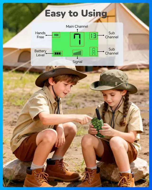 Alt view image 7 of 7 - Rechargeable Walkie Talkies 2 Pack for Kids, Toys for 3-12 Years Old Boys Girls, Camo Walkie Talkie 3 Miles Range for Camping, Outdoor, Birthday Gifts for 4 5 6 7 8 9 10 11 12 Year Old
