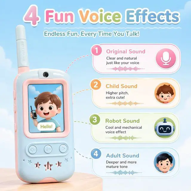 Alt view image 2 of 7 - Video Walkie Talkies for Kids, 2 Pack Kids Video Walkie Talkies with Screen, Long Range Walkie Talkies with 4 Voice Effects, Video Call Toy Gifts for Boys Girls Age 3-12 (Blue & Pink)