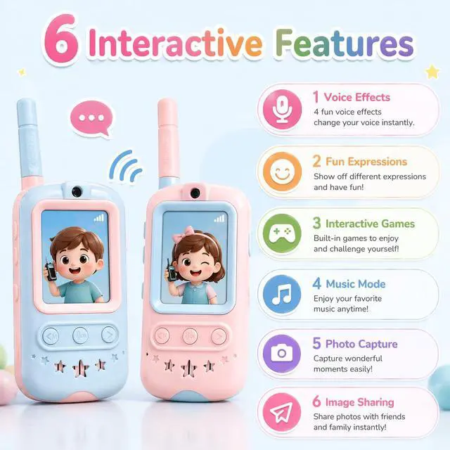 Alt view image 3 of 7 - Video Walkie Talkies for Kids, 2 Pack Kids Video Walkie Talkies with Screen, Long Range Walkie Talkies with 4 Voice Effects, Video Call Toy Gifts for Boys Girls Age 3-12 (Blue & Pink)