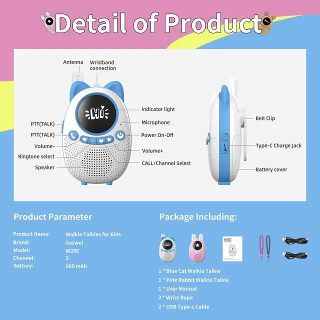 Alt view image 7 of 7 - W208 Walkie Talkies for Kids Rechargeable Toys for 3-8 Ages 2 Pack