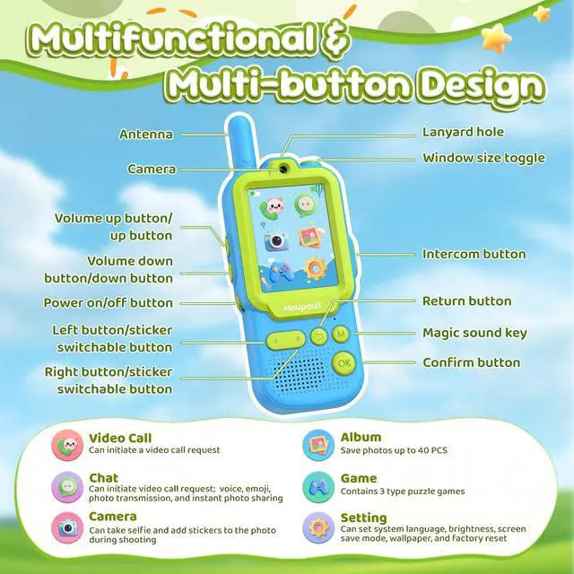 Alt view image 2 of 7 - Rechargeable Video Walkie Talkies Boys Toys, 2.4"Screen Video Calls Walkie Talkies 5 Voice Changers & 10 Stickers Effect for Camping, Hiking, Travel, Christmas Birthday Gifts for Boys Age 5-7