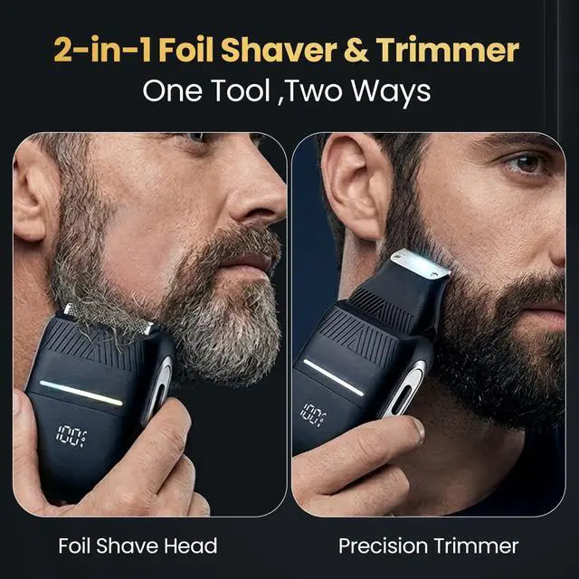 Alt view image 2 of 7 - 2-in-1 Electric Shaver for Men - Foil Shaver for Face, Precision Trimmer, USB-C Rechargeable, IPX7 Waterproof Wet & Dry Electric Razor for Men, 90-Minute Runtime, LED Display, Compact Travel Shaver