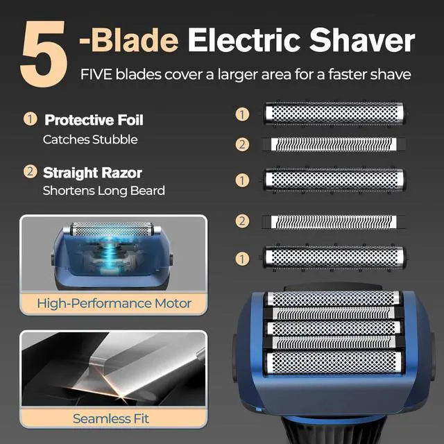 Alt view image 2 of 7 - Electric Razor for Men, 5-Blade Foil Shaver, Wet Dry, USB-C, 2-Speed