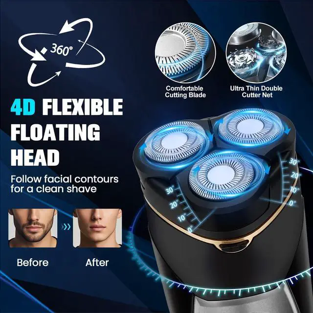 Alt view image 5 of 7 - Electric Razor for Men, 4D Floating Head & LCD Display, Cordless Rechargeable Electric Shaver for Men with Pop-Up Trimmer, IPX7 Waterproof Wet & Dry Shave, Type-C Quick Charge, Portable Travel, Black