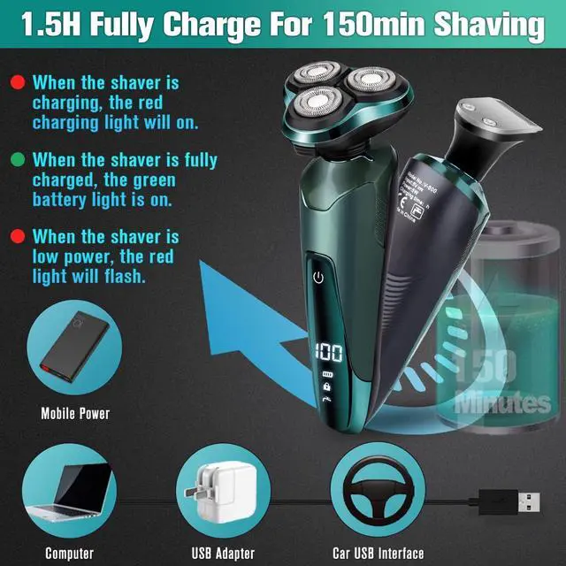 Alt view image 6 of 7 - Electric Razor for Men, 3-in-1 Shaver with Floating Blades for Nose Hair &Sideburns,Replacement Blades, Pop-up Trimmer, IPX7 Waterproof, Travel Lock, Wet & Dry Use, Face Shaving Grooming Travel Kit