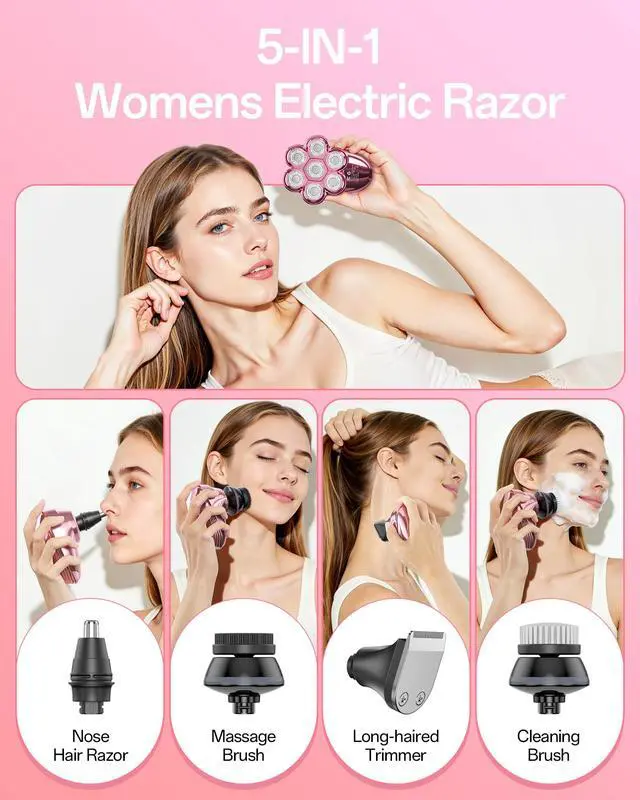 Alt view image 3 of 7 - 5-in-1 Electric Razors for Women, 7D Magnetic Heads Full Body Shaver, Waterproof Wet Dry Hair Remover with LED Display, Rechargeable Bikini Trimmer for Underarms, Face, Legs, Lips, Arms (Pink)