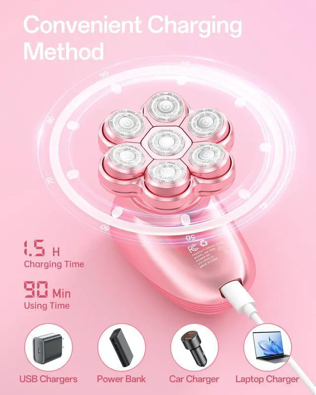 Alt view image 5 of 7 - 5-in-1 Electric Razors for Women, 7D Magnetic Heads Full Body Shaver, Waterproof Wet Dry Hair Remover with LED Display, Rechargeable Bikini Trimmer for Underarms, Face, Legs, Lips, Arms (Pink)