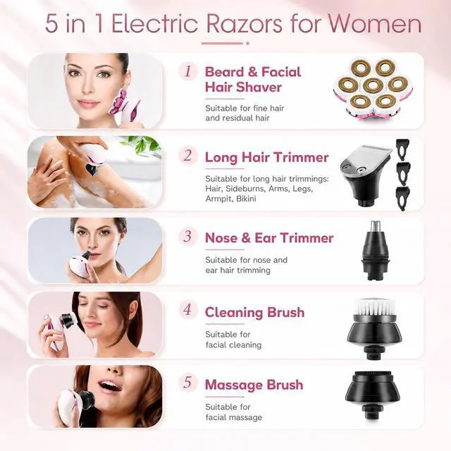 Alt view image 3 of 7 - Electric Razors for Women, 7D Electric Shaver for Women, 5 in 1 Lady Shavers, Wet/Dry Bikini Trimmer for Women, Rechargeable Facial Hair Removal, Painless Face Razor for Arms Legs Armpit Pubic Area