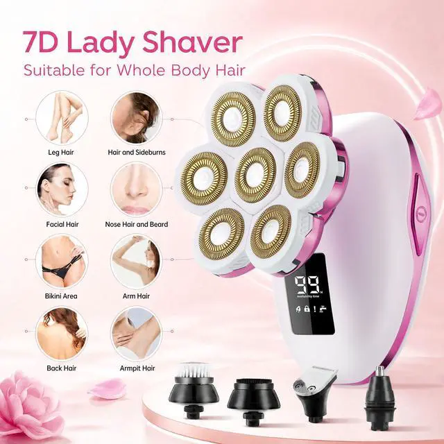 Alt view image 2 of 7 - Electric Razors for Women, 7D Electric Shaver for Women, 5 in 1 Lady Shavers, Wet/Dry Bikini Trimmer for Women, Rechargeable Facial Hair Removal, Painless Face Razor for Arms Legs Armpit Pubic Area