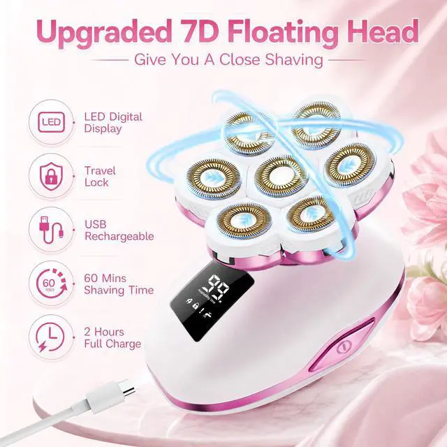 Alt view image 4 of 7 - Electric Razors for Women, 7D Electric Shaver for Women, 5 in 1 Lady Shavers, Wet/Dry Bikini Trimmer for Women, Rechargeable Facial Hair Removal, Painless Face Razor for Arms Legs Armpit Pubic Area