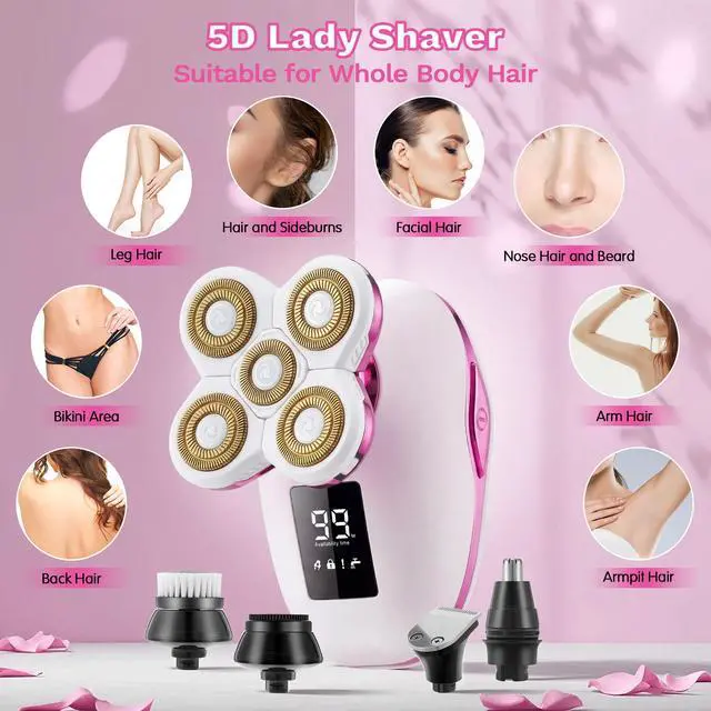 Alt view image 2 of 7 - Electric Razors for Women, 5 in 1 Lady Shavers, Electric Shaver for Women, Wet/Dry Bikini Trimmer, Rechargeable Facial Hair Removal, Painless Shaver Razor for Arms Legs Armpit Pubic Area