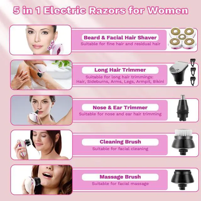 Alt view image 3 of 7 - Electric Razors for Women, 5 in 1 Lady Shavers, Electric Shaver for Women, Wet/Dry Bikini Trimmer, Rechargeable Facial Hair Removal, Painless Shaver Razor for Arms Legs Armpit Pubic Area