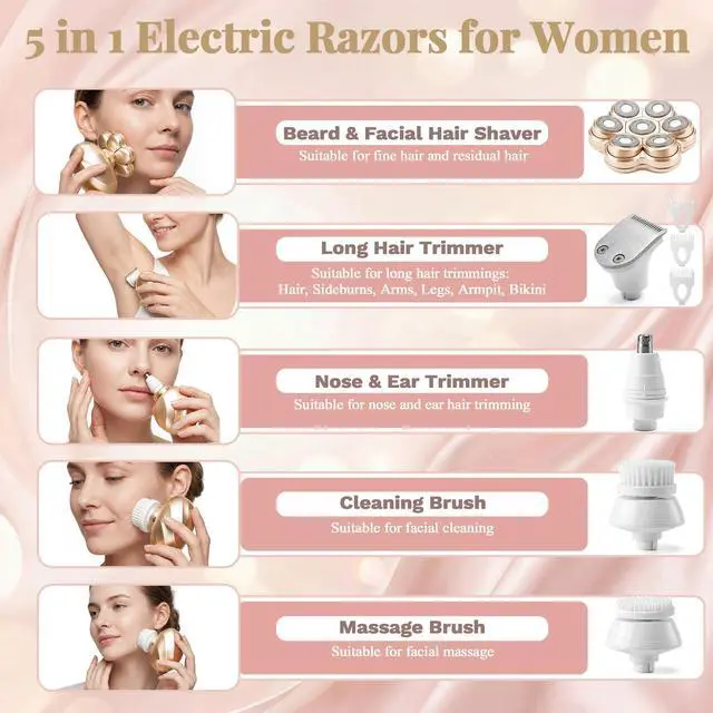 Alt view image 3 of 7 - Electric Razors for Women, 5-in-1 Magnetic Electric Shaver for Women, 7D Womens Electric Razor, Wet Dry Bikini Trimmer, Rechargeable Full Body Hair Removal for Face Arms Legs Armpit Pubic Area
