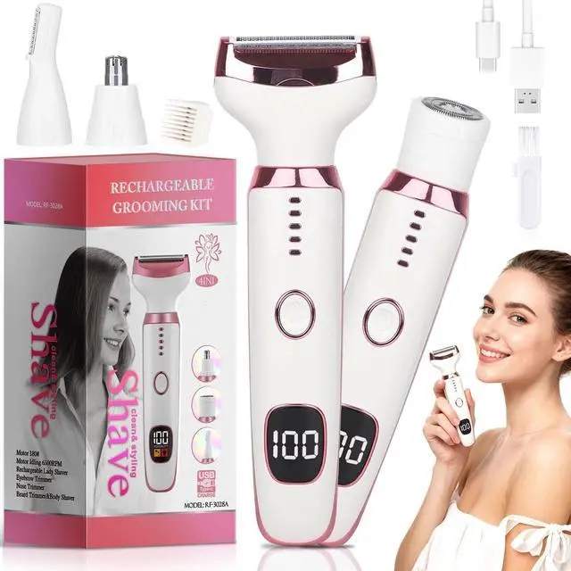 Main image of Electric Razor for Women Men with LED Display,4 in 1 Ladies Wet & Dry Body Razors and Facial Hair Remover, Rechargeable Hair Removal Kit for Nose Face Body Leg Bikini Arm Hair (White Pink)