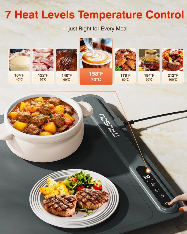Alt view image 2 of 7 - Warming Mat for Food (24"x16") 7-Level Electric Warming Tray with 400W High-Power, Timer 099H & Built-In Strap - Rollable Large Food Warming Mat for Parties & Buffet