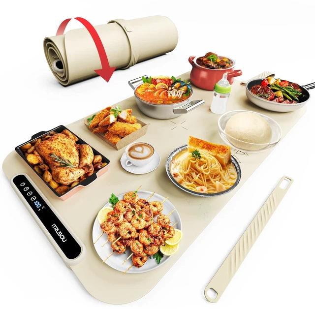 Main image of Food Warming Mat, 27.5x16'' Electric Warming Tray with 7 Temp-Settings, 1-99h Flexible Timer, Switchable °F/°C, Rollable Food Warmer Keep Food Warm at Buffet, Party, Sabbath, Daily Use