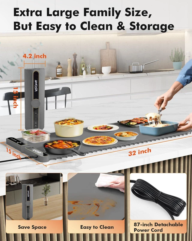 Alt view image 7 of 7 - Warming Mat for Food, Extra Large XXL32 x15 Roll Up Food Warming Mat | Fast Heating Electric Food Warmer with 9 Level Temperature and 6 Hours Timer Portable Warming Trays for Buffets Party (Grey)