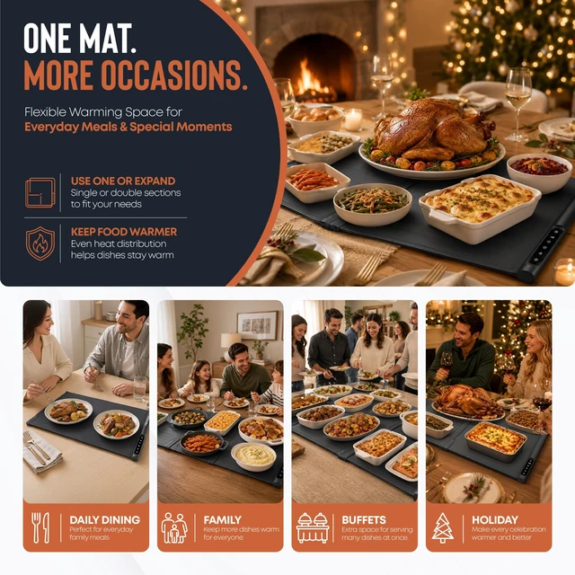 Alt view image 3 of 7 - XXL Food Warming Mat Countertop 42"x16" 2 Piece Extendable Electric Warming Tray for Buffets & Parties Extra Large Roll Up Silicone Food Warmer Mat with 8 Temp Settings, Auto Shut Off Food Warmer