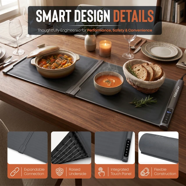 Alt view image 4 of 7 - XXL Food Warming Mat Countertop 42"x16" 2 Piece Extendable Electric Warming Tray for Buffets & Parties Extra Large Roll Up Silicone Food Warmer Mat with 8 Temp Settings, Auto Shut Off Food Warmer