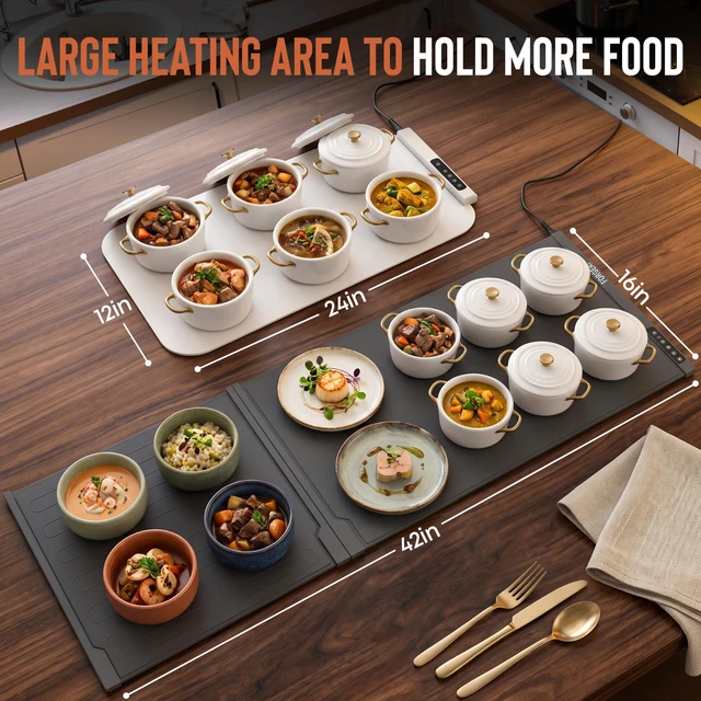 Alt view image 6 of 7 - XXL Food Warming Mat Countertop 42"x16" 2 Piece Extendable Electric Warming Tray for Buffets & Parties Extra Large Roll Up Silicone Food Warmer Mat with 8 Temp Settings, Auto Shut Off Food Warmer
